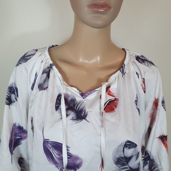 NWOT 10-12 Women's silky satin Blouse Feather Print white Loose Top boho - Picture 5 of 6
